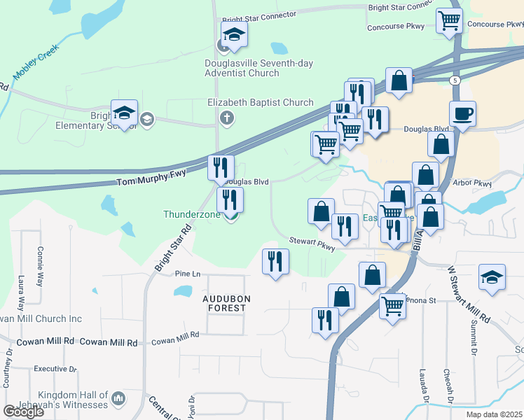 map of restaurants, bars, coffee shops, grocery stores, and more near 6125 Stewart Parkway in Douglasville