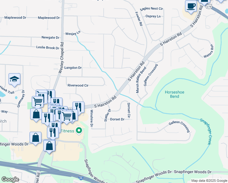map of restaurants, bars, coffee shops, grocery stores, and more near 2370 South Hairston Road in Decatur