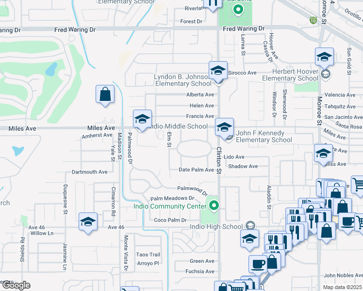 map of restaurants, bars, coffee shops, grocery stores, and more near 81301 North Palo Verde Drive in Indio