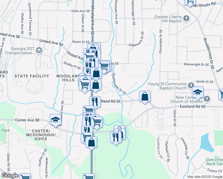 map of restaurants, bars, coffee shops, grocery stores, and more near 2556 Village Creek Landing Southeast in Atlanta