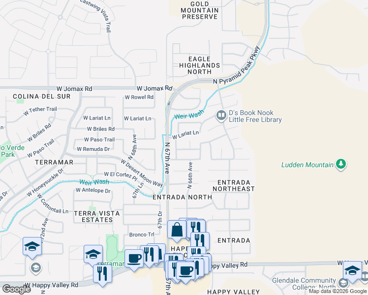 map of restaurants, bars, coffee shops, grocery stores, and more near 6606 West Prickly Pear Trail in Phoenix