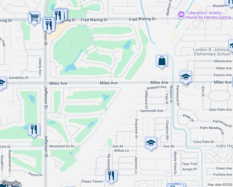 map of restaurants, bars, coffee shops, grocery stores, and more near 45187 Crystal Springs Drive in Indio