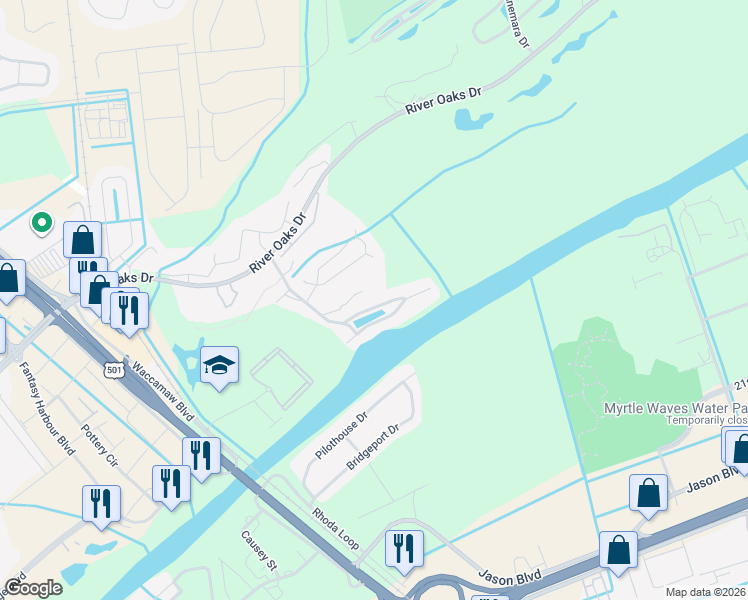 map of restaurants, bars, coffee shops, grocery stores, and more near 616 Waterway Village Boulevard in Myrtle Beach