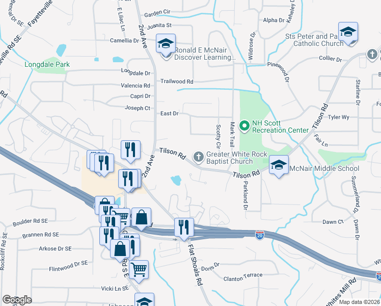 map of restaurants, bars, coffee shops, grocery stores, and more near in Candler-McAfee