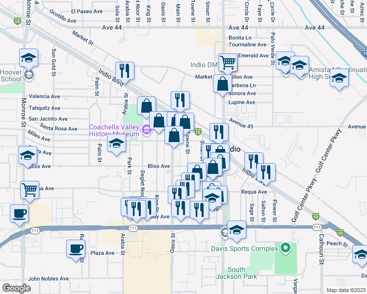 map of restaurants, bars, coffee shops, grocery stores, and more near 45071 Towne Street in Indio