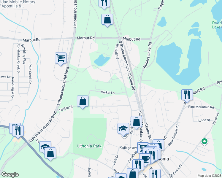map of restaurants, bars, coffee shops, grocery stores, and more near 6782 Varkel Lane in Lithonia