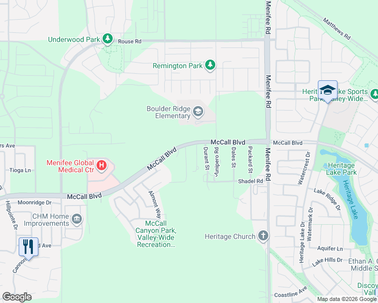 map of restaurants, bars, coffee shops, grocery stores, and more near 27615 Fargo Street in Menifee