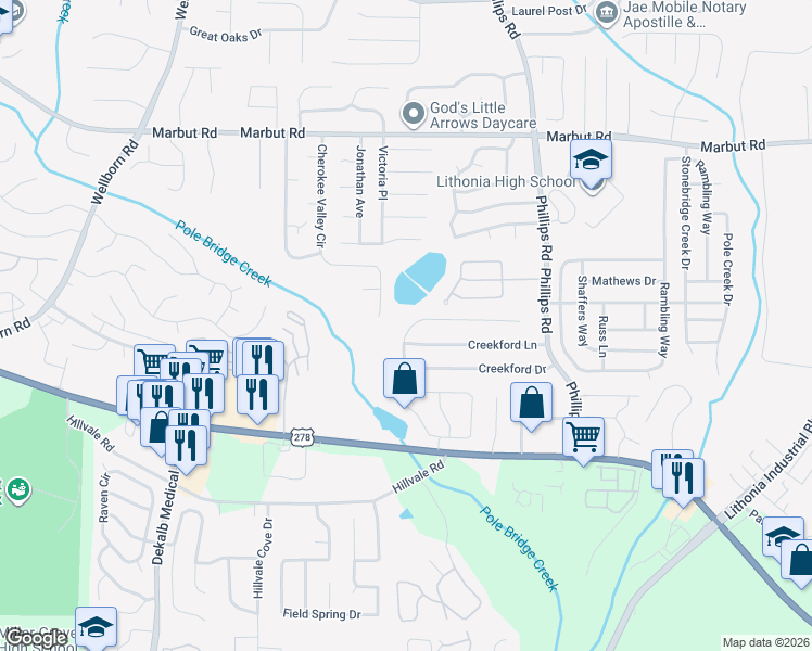 map of restaurants, bars, coffee shops, grocery stores, and more near 6139 Creekford Drive in Lithonia