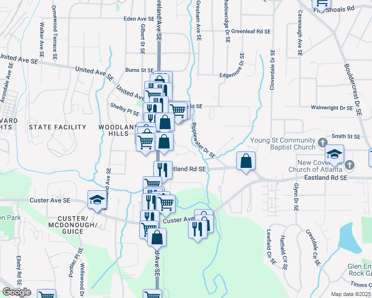 map of restaurants, bars, coffee shops, grocery stores, and more near 2551 Village Creek Landing Southeast in Atlanta