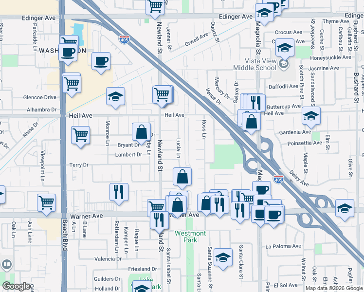 map of restaurants, bars, coffee shops, grocery stores, and more near 8651 Ferguson Circle in Huntington Beach