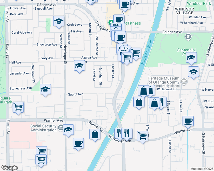map of restaurants, bars, coffee shops, grocery stores, and more near 11863 Wisteria Avenue in Fountain Valley