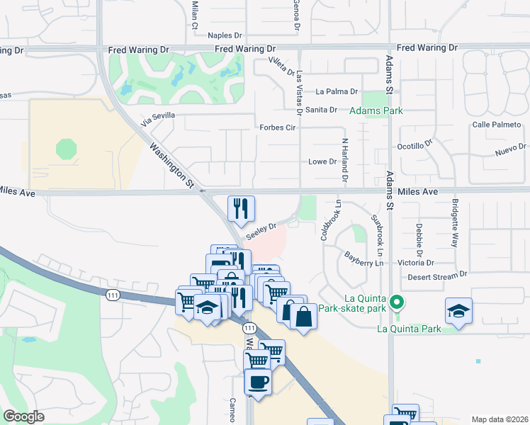 map of restaurants, bars, coffee shops, grocery stores, and more near 45245 Seeley Drive in La Quinta