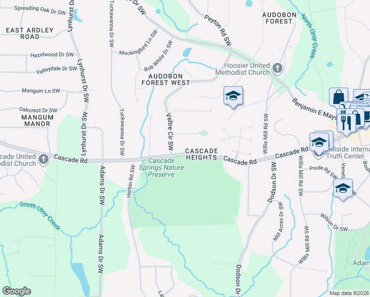 map of restaurants, bars, coffee shops, grocery stores, and more near 2756 Veltre Place Southwest in Atlanta