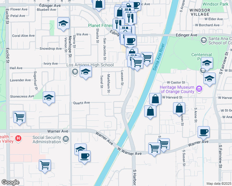 map of restaurants, bars, coffee shops, grocery stores, and more near 11863 Wisteria Avenue in Fountain Valley