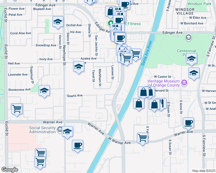 map of restaurants, bars, coffee shops, grocery stores, and more near in Fountain Valley
