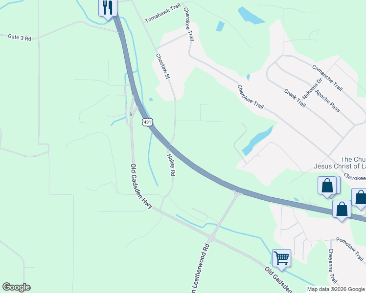 map of restaurants, bars, coffee shops, grocery stores, and more near 3805 Choctaw Street in Anniston