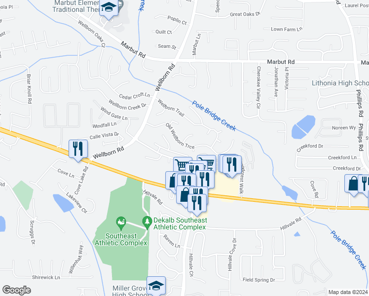 map of restaurants, bars, coffee shops, grocery stores, and more near 5965 Old Wellborn Trce in Lithonia