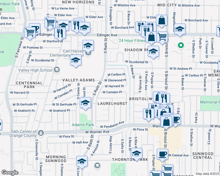 map of restaurants, bars, coffee shops, grocery stores, and more near 1914 West Glenwood Place in Santa Ana