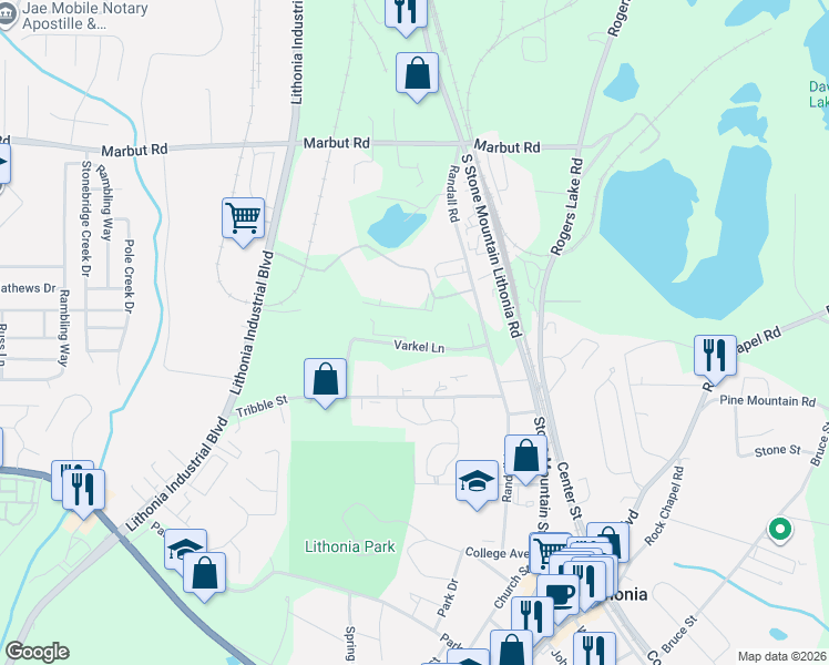map of restaurants, bars, coffee shops, grocery stores, and more near 6782 Varkel Lane in Lithonia