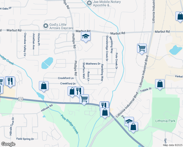 map of restaurants, bars, coffee shops, grocery stores, and more near 6476 Brenda Ann Drive in Lithonia
