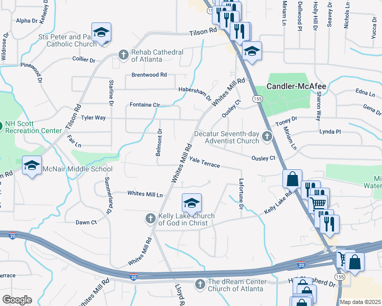 map of restaurants, bars, coffee shops, grocery stores, and more near 2226 Whites Mill Road in Decatur