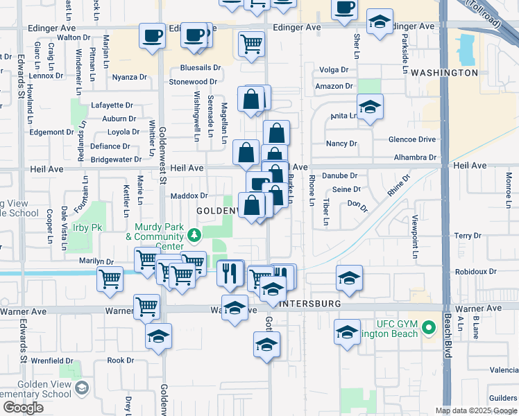 map of restaurants, bars, coffee shops, grocery stores, and more near 16579 Gothard Street in Huntington Beach