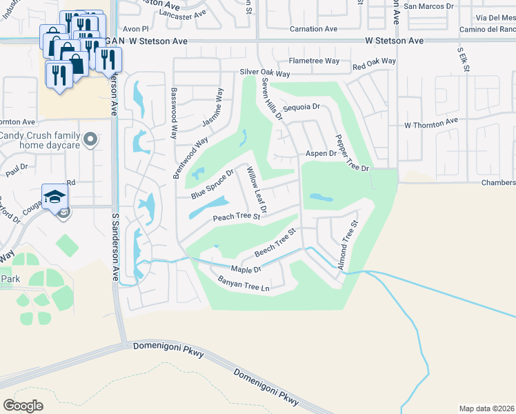 map of restaurants, bars, coffee shops, grocery stores, and more near 1651 Willow Leaf Drive in Hemet