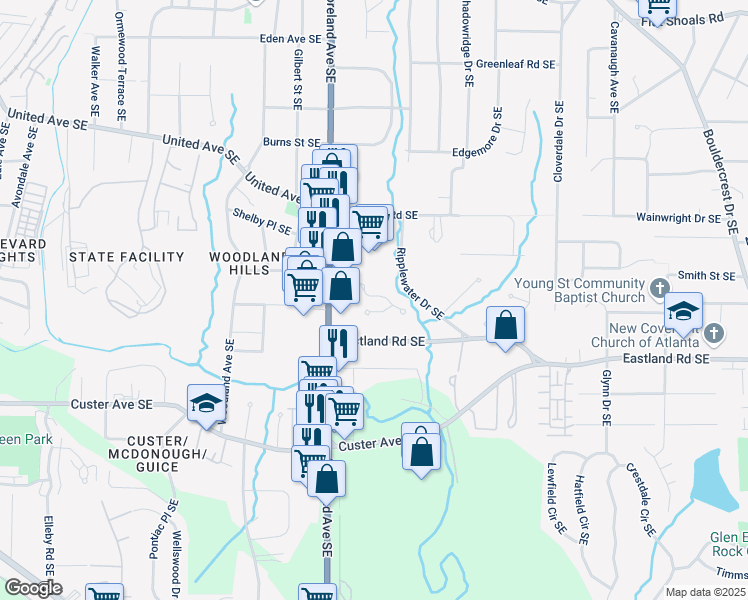 map of restaurants, bars, coffee shops, grocery stores, and more near 2535 Village Creek Landing Southeast in Atlanta