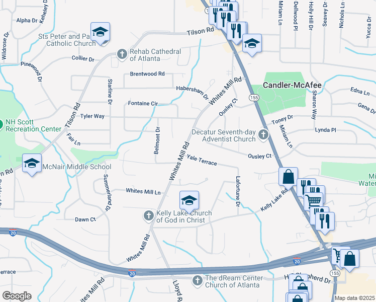 map of restaurants, bars, coffee shops, grocery stores, and more near 2254 Whites Mill Road in Decatur