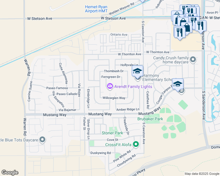 map of restaurants, bars, coffee shops, grocery stores, and more near 4605 Oak Tree Way in Hemet