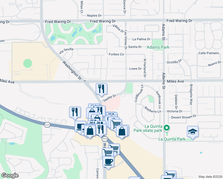 map of restaurants, bars, coffee shops, grocery stores, and more near 45245 Seeley Drive in La Quinta