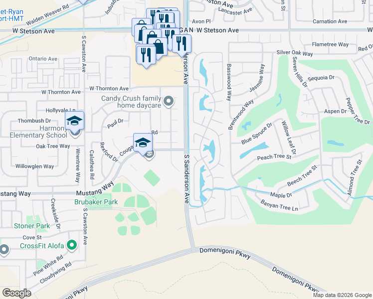 map of restaurants, bars, coffee shops, grocery stores, and more near S Sanderson Ave & Mustang Way in Hemet