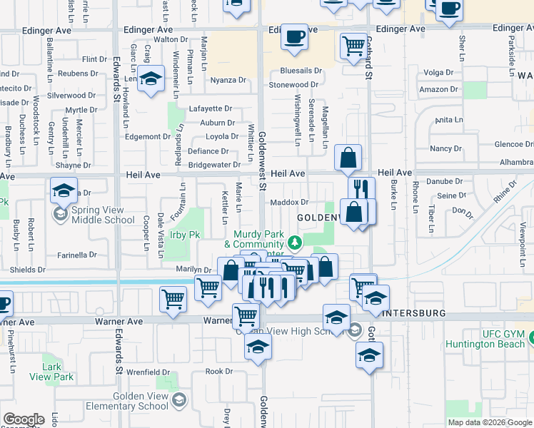 map of restaurants, bars, coffee shops, grocery stores, and more near 16632 Goldenwest Street in Huntington Beach