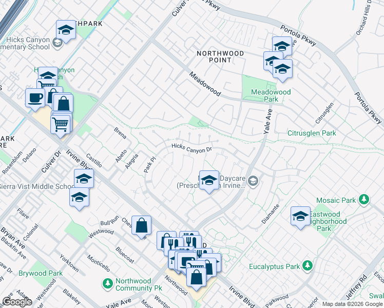 map of restaurants, bars, coffee shops, grocery stores, and more near 31 Hermosa in Irvine