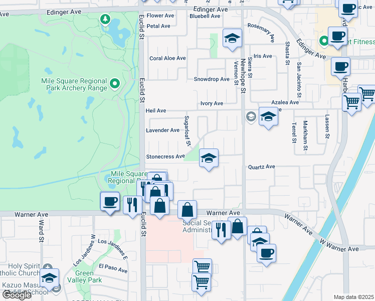 map of restaurants, bars, coffee shops, grocery stores, and more near 11229 Stonecress Avenue in Fountain Valley