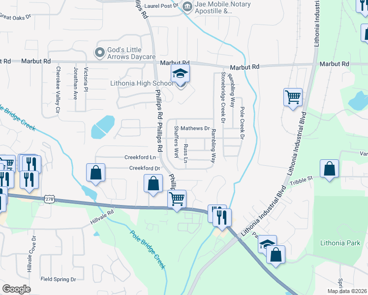 map of restaurants, bars, coffee shops, grocery stores, and more near 6342 Stonebridge Creek Lane in Lithonia