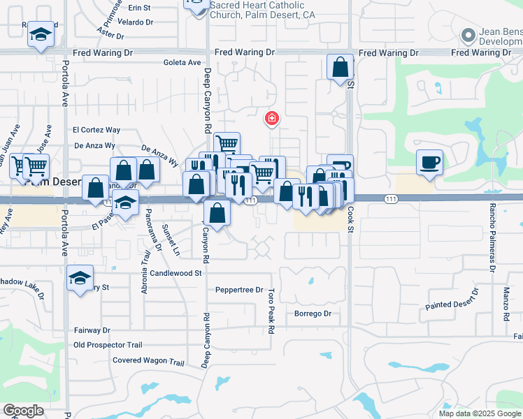 map of restaurants, bars, coffee shops, grocery stores, and more near 74-710 California 111 in Palm Desert