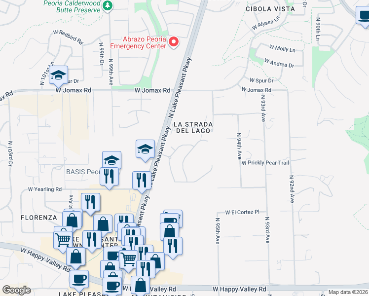 map of restaurants, bars, coffee shops, grocery stores, and more near 9565 West Bellissimo Lane in Peoria
