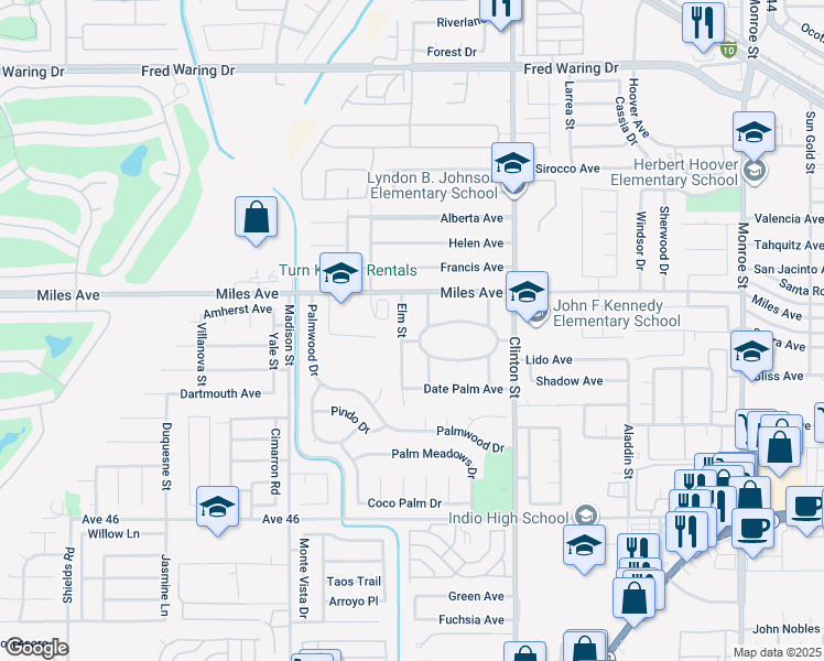 map of restaurants, bars, coffee shops, grocery stores, and more near 45070 Elm Street in Indio