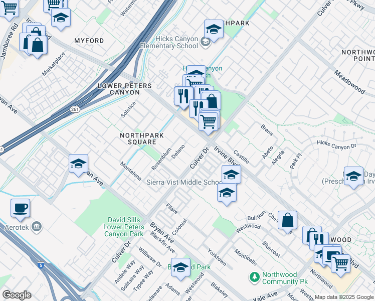 map of restaurants, bars, coffee shops, grocery stores, and more near 10 Delano in Irvine