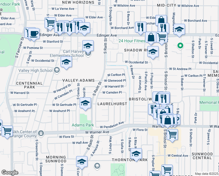 map of restaurants, bars, coffee shops, grocery stores, and more near 1914 West Glenwood Place in Santa Ana