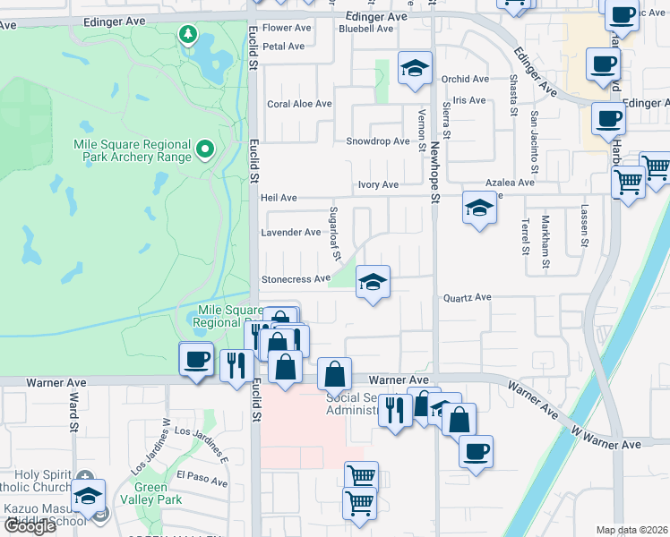 map of restaurants, bars, coffee shops, grocery stores, and more near 16662 Sugarloaf Street in Fountain Valley