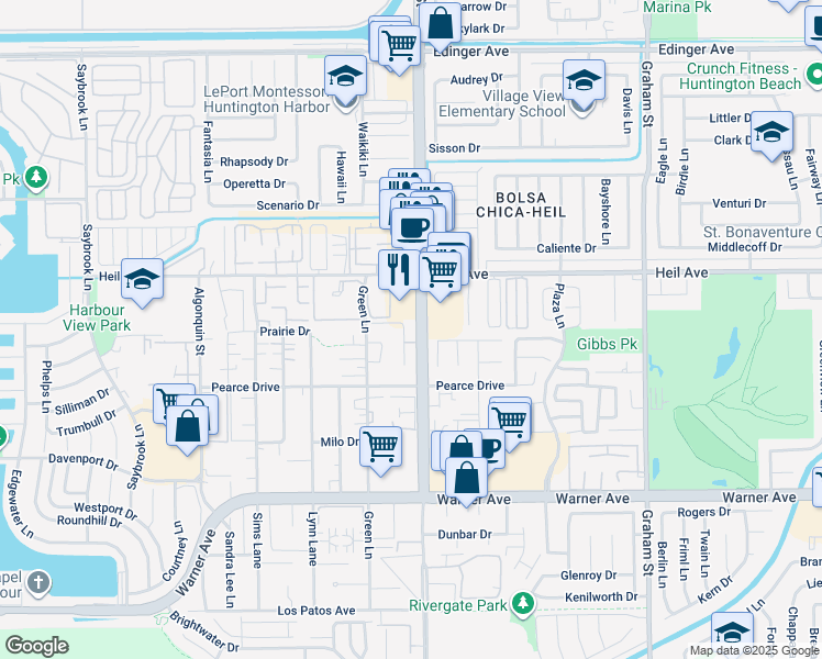 map of restaurants, bars, coffee shops, grocery stores, and more near 16561 Bolsa Chica Street in Huntington Beach