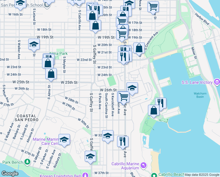 map of restaurants, bars, coffee shops, grocery stores, and more near 2411 South Grand Avenue in Los Angeles