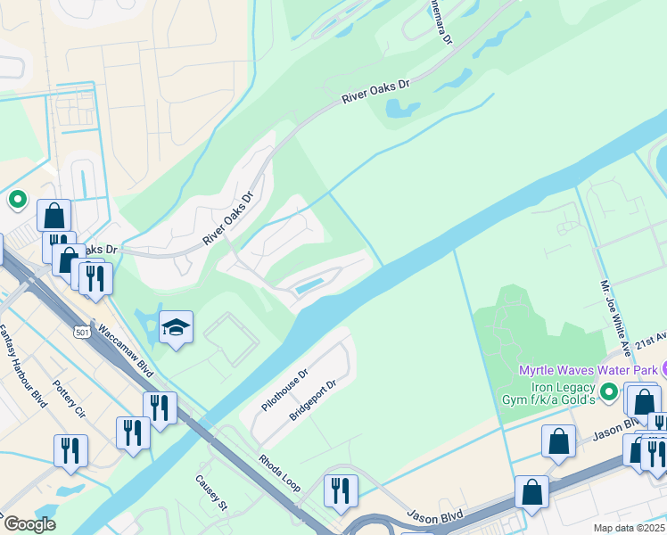 map of restaurants, bars, coffee shops, grocery stores, and more near 13 Waterway Village Boulevard in Myrtle Beach