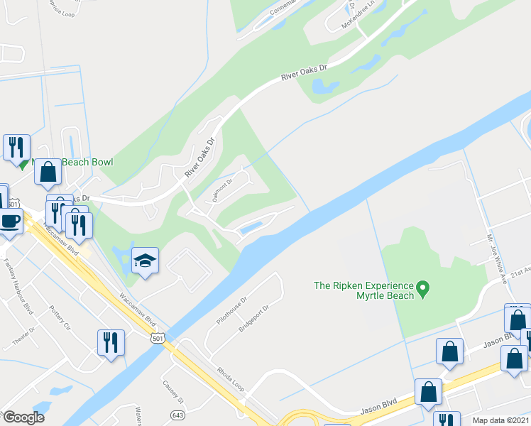 map of restaurants, bars, coffee shops, grocery stores, and more near 549 Oakmont Drive in Myrtle Beach