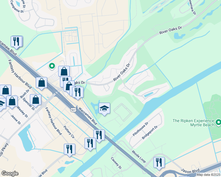 map of restaurants, bars, coffee shops, grocery stores, and more near 494 River Oaks Drive in Myrtle Beach