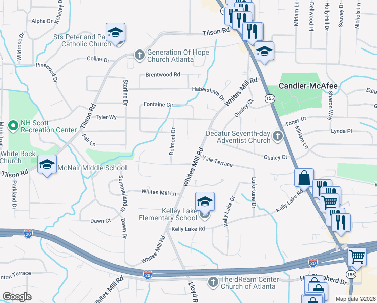 map of restaurants, bars, coffee shops, grocery stores, and more near 2245 Whites Mill Road in Decatur