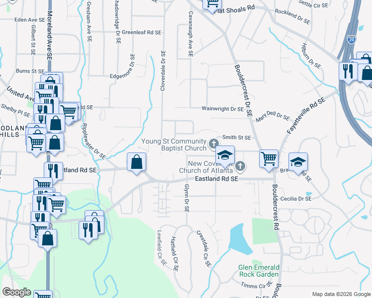 map of restaurants, bars, coffee shops, grocery stores, and more near 2374 Glynn Drive Southeast in Atlanta