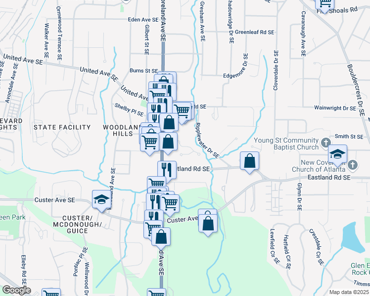 map of restaurants, bars, coffee shops, grocery stores, and more near 2535 Village Creek Landing Southeast in Atlanta